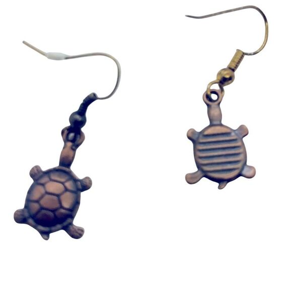 Turtle Antique Bronze Dangling Earrings Handcrafted Nautical Sea-life Coastal - Picture 3 of 9